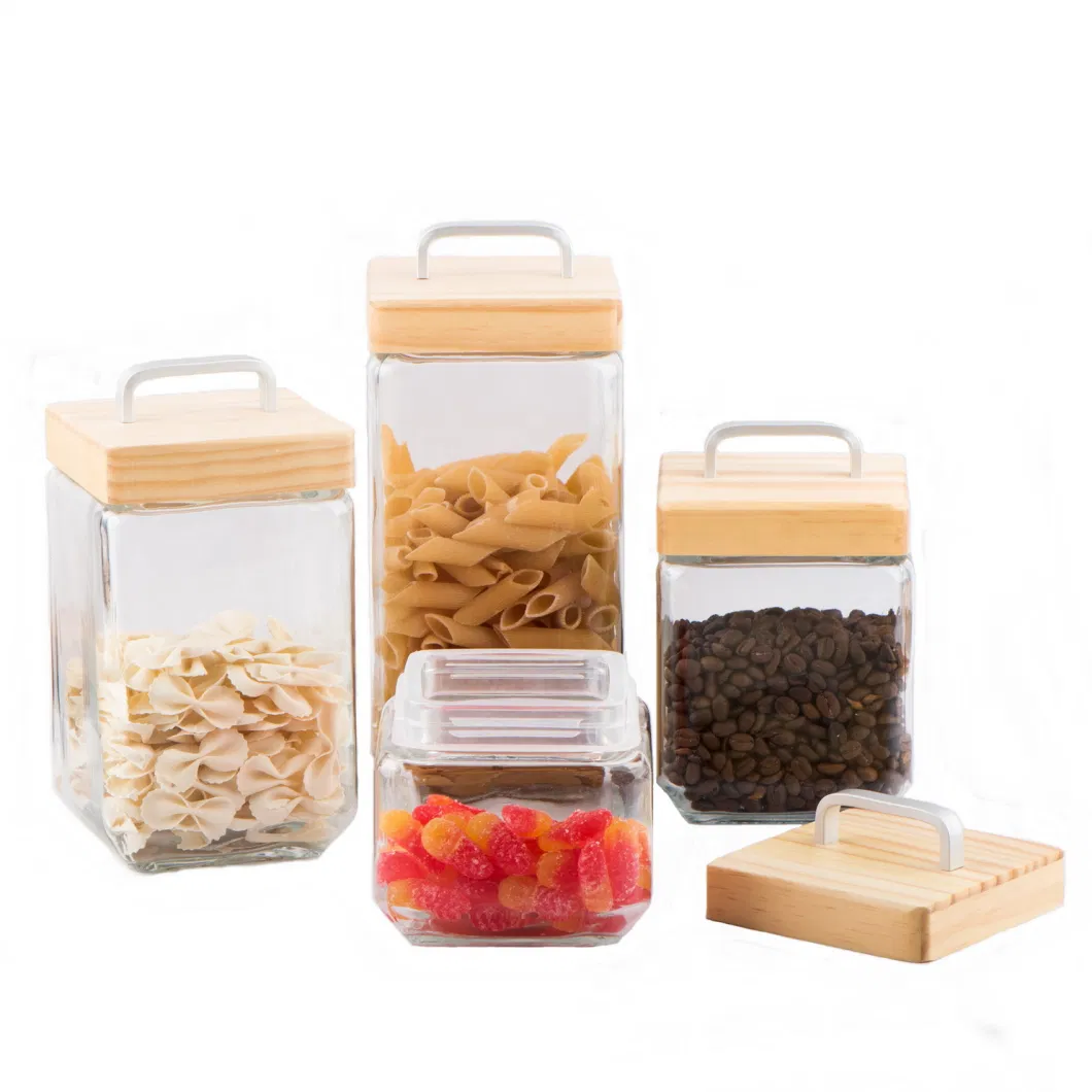 Square Glass Jar/Glass Storage Jar/Glass Food Canister/Glassware/Glass Bottle with Square Wooden Lid