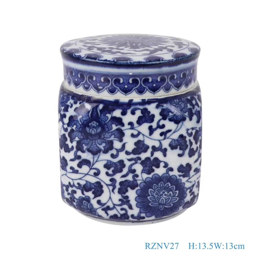 Blue and White Porcelain Round Shape Twisted Leaf Tea Jar Canister